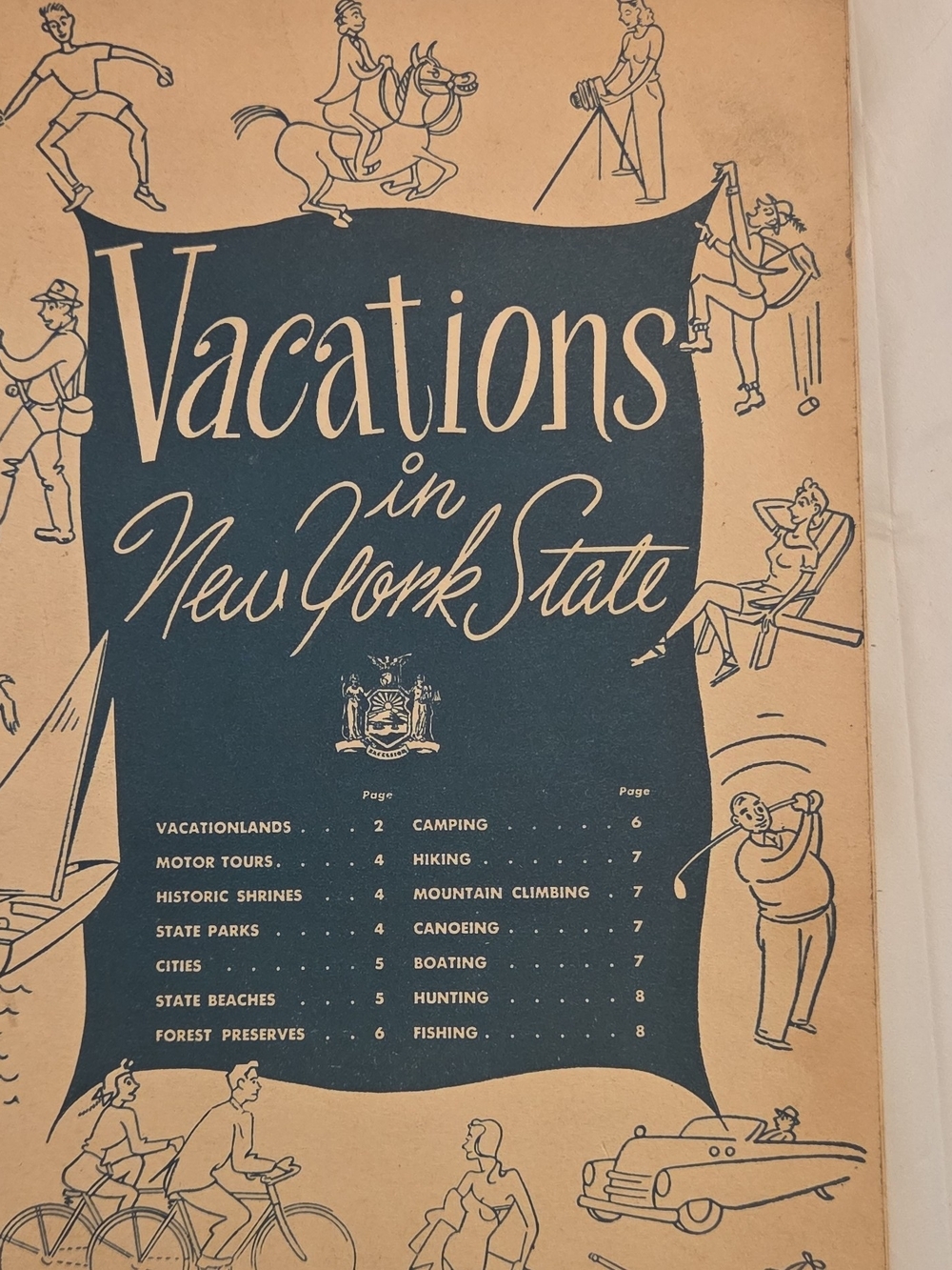 Vintage 'Vacations in New York State' Illustrated Travel Brochure - Navy & Tan